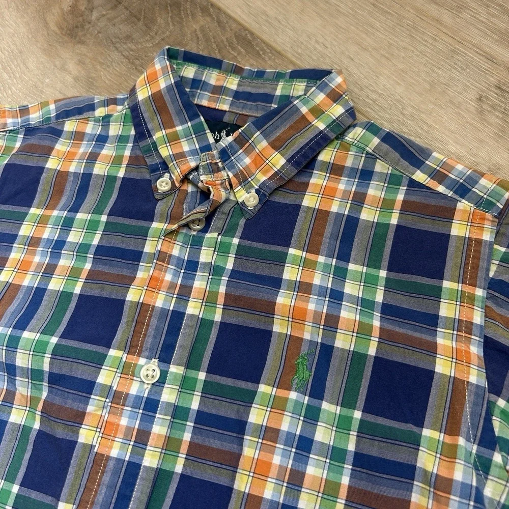Ralph Lauren Short Sleeve Shirt Youth Kids Boys Size 7‎ Blue Orange  Green Plaid